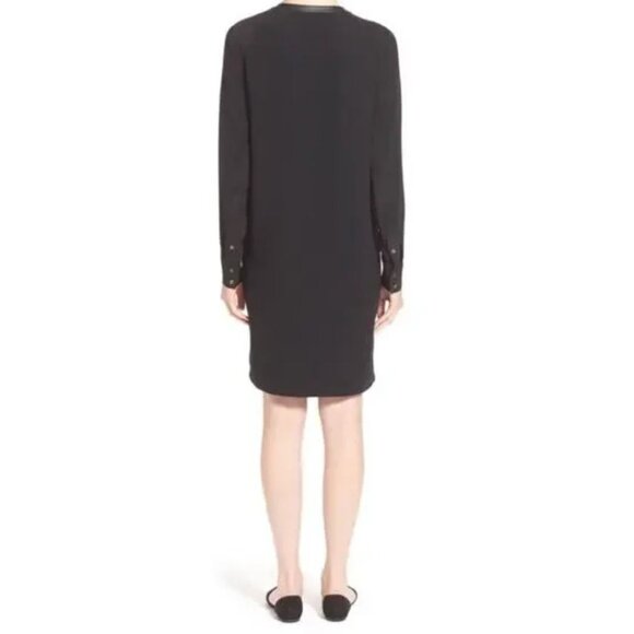 VINCE. Black Mixed Media Long Sleeve Dress w/Pockets Size 4 Tunic Leather Silk‎ - Picture 2 of 15